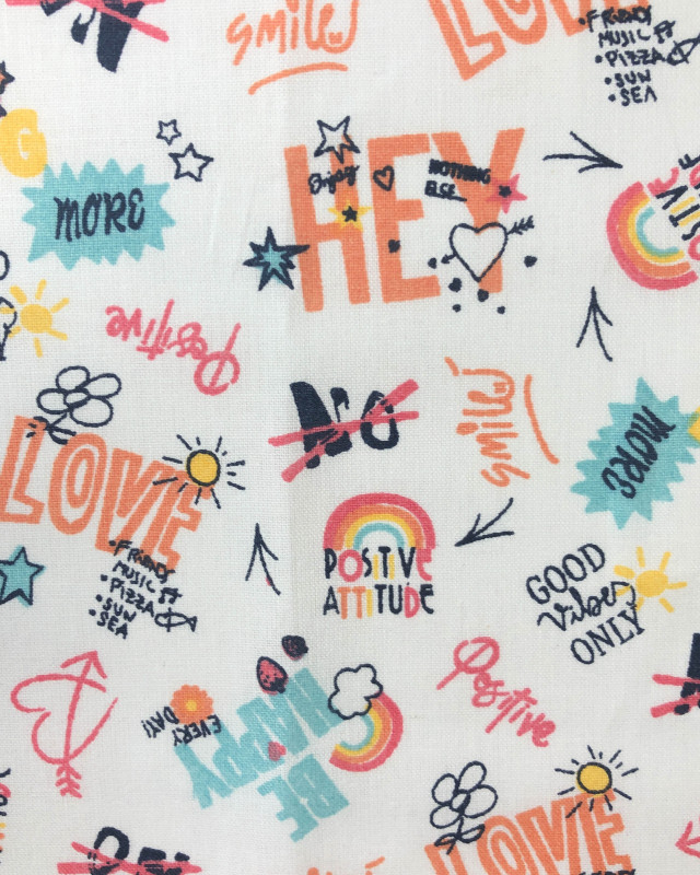 Coton imprimé doodles "Positive Atittude" Oekotex - Mercerine