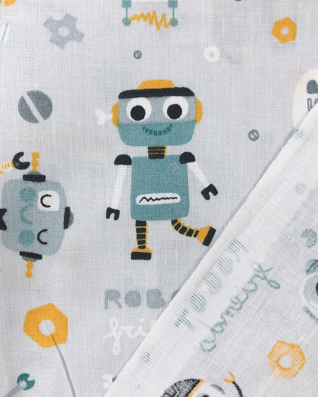 Cotonnade imprimé Robot Bleu Vert/ Ocre Fond Gris Oekotex - Mercerine