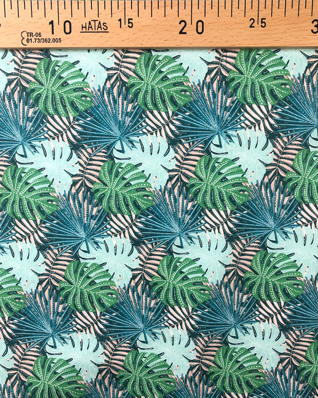 Coton imprimé Feuillage tropicale Bleu Vert Oekotex - Mercerine