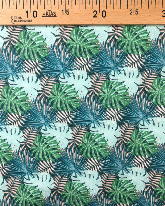 Coton imprimé Feuillage tropicale Bleu Vert Oekotex - Mercerine