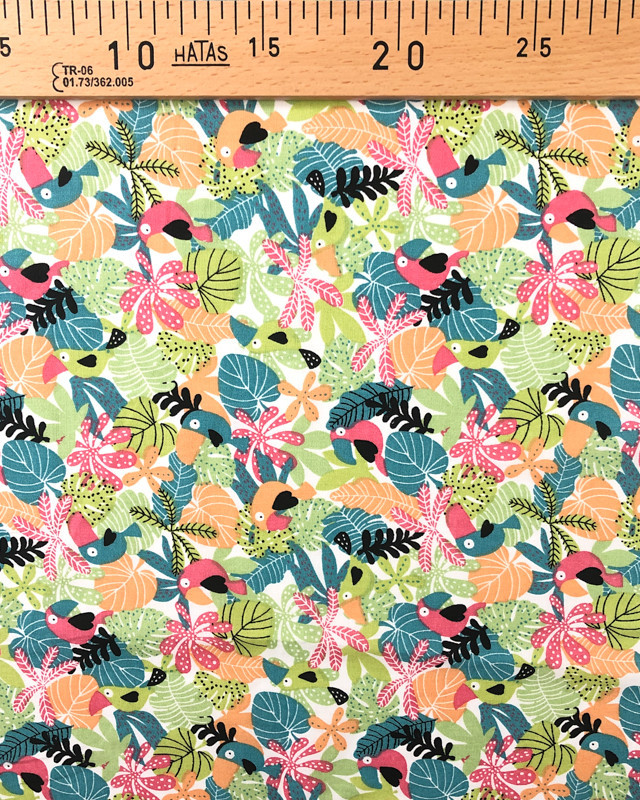 Tissu imprimé coton Forêt tropicale Oiseaux Corail Oekotex - Mercerine