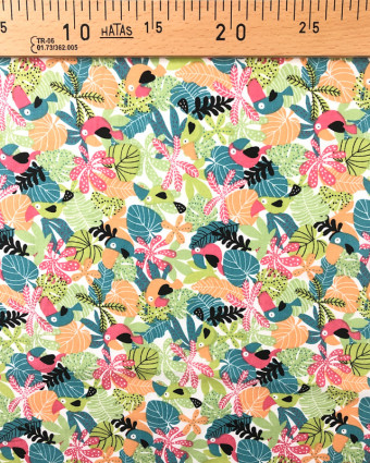 Tissu imprimé coton Forêt tropicale Oiseaux Corail Oekotex - Mercerine