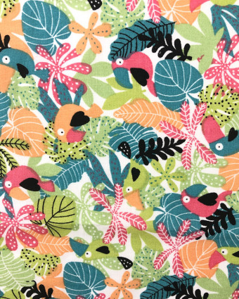 Tissu imprimé coton Forêt tropicale Oiseaux Corail Oekotex - Mercerine