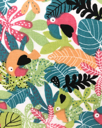 Tissu imprimé coton Forêt tropicale Oiseaux Corail Oekotex - Mercerine