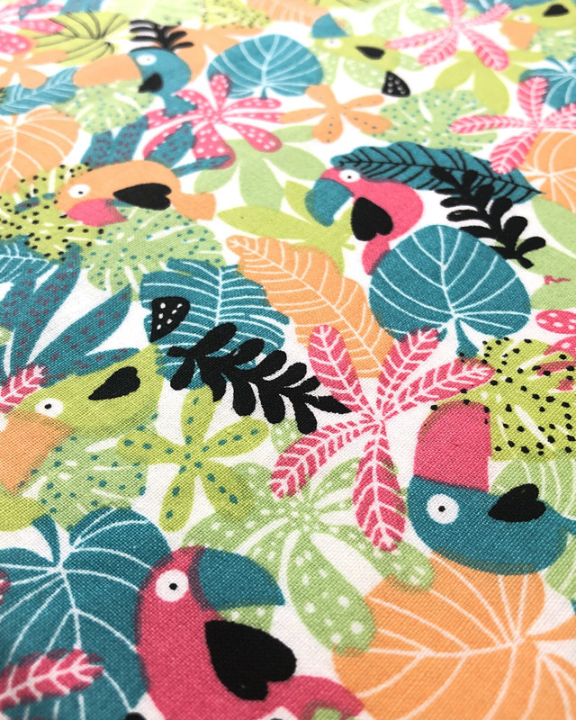 Tissu imprimé coton Forêt tropicale Oiseaux Corail Oekotex - Mercerine