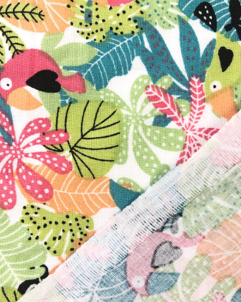 Tissu imprimé coton Forêt tropicale Oiseaux Corail Oekotex - Mercerine