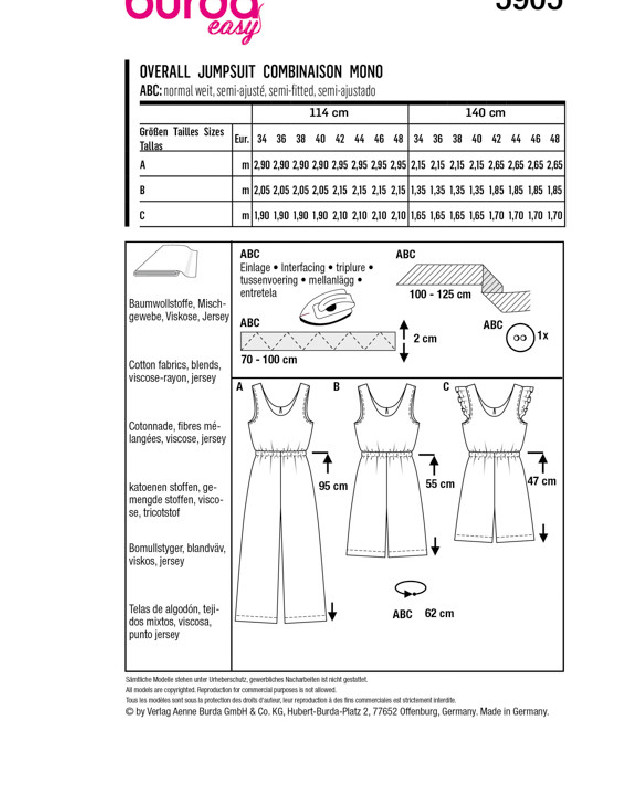 Patron de couture - Patron Combinaison Burda 5905 - Mercerine