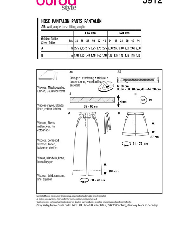 Patron de couture - Patron Pantalon Burda 5912 - Mercerine