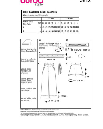 Patron de couture - Patron Pantalon Burda 5912 - Mercerine