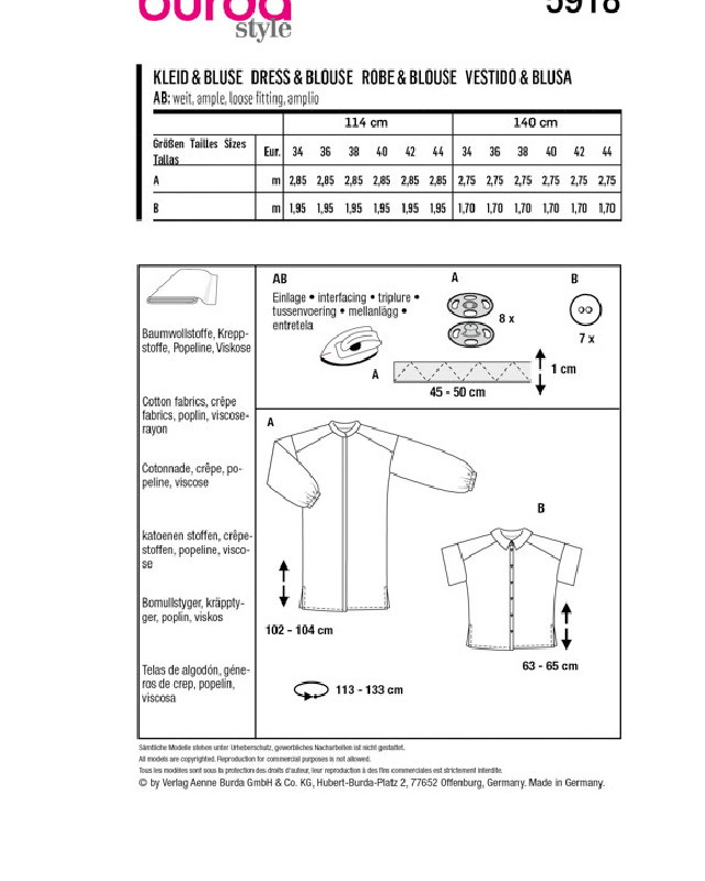Patron de couture Burda Robe & blouse Burda 5918 - Mercerine