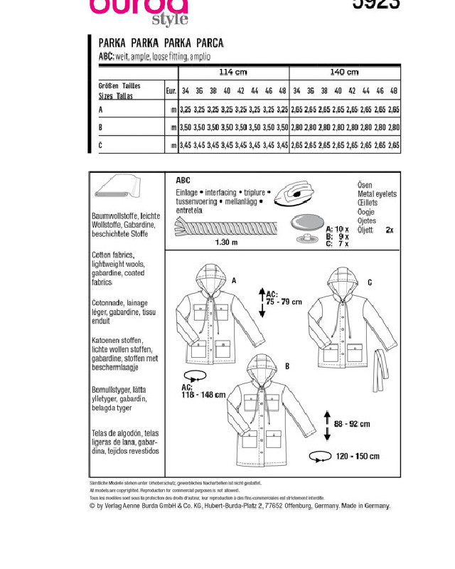 Patron de couture 2023 - Patron Parka Burda 5923 - Mercerine