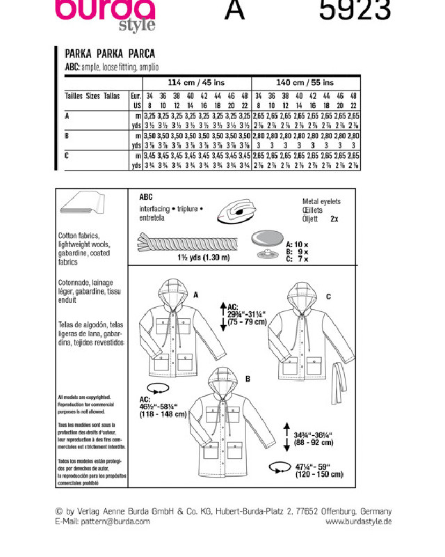 Patron de couture 2023 - Patron Parka Burda 5923 - Mercerine