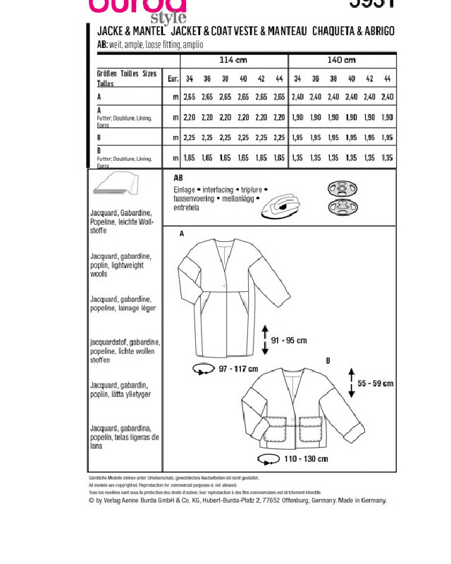 Patron de couture 2023 - Patron Veste & manteau Burda 5931 - Mercerine