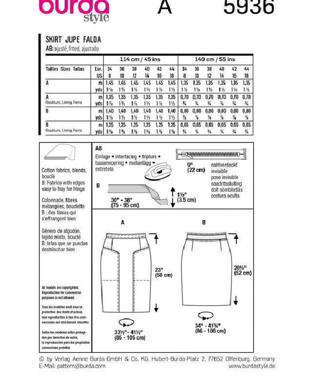 Patron de couture - Patron Jupe Burda 5936 - Mercerine