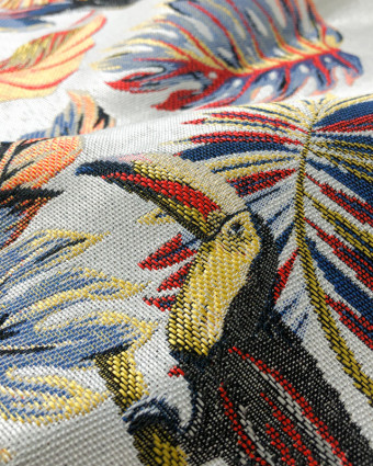 Tissu Jacquard Oiseaux tropicaux : disponible blanc ou en bleu - Mercerine