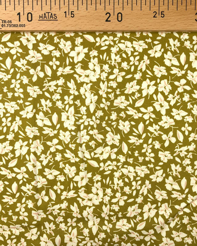 Tissu Sergé De Viscose Fleuri Fond Vert Olive - Mercerine