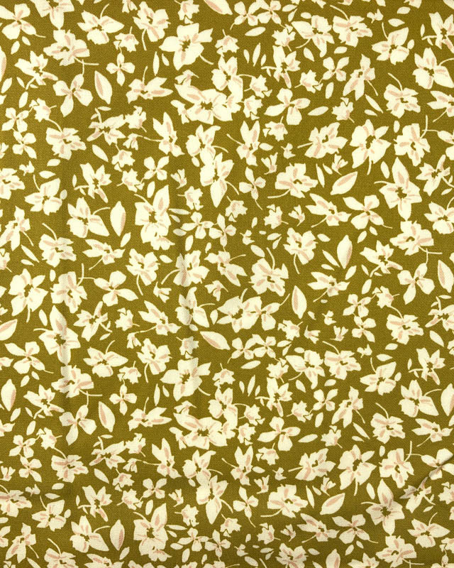 Tissu Sergé De Viscose Fleuri Fond Vert Olive - Mercerine