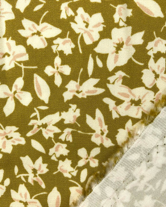 Tissu Sergé De Viscose Fleuri Fond Vert Olive - Mercerine