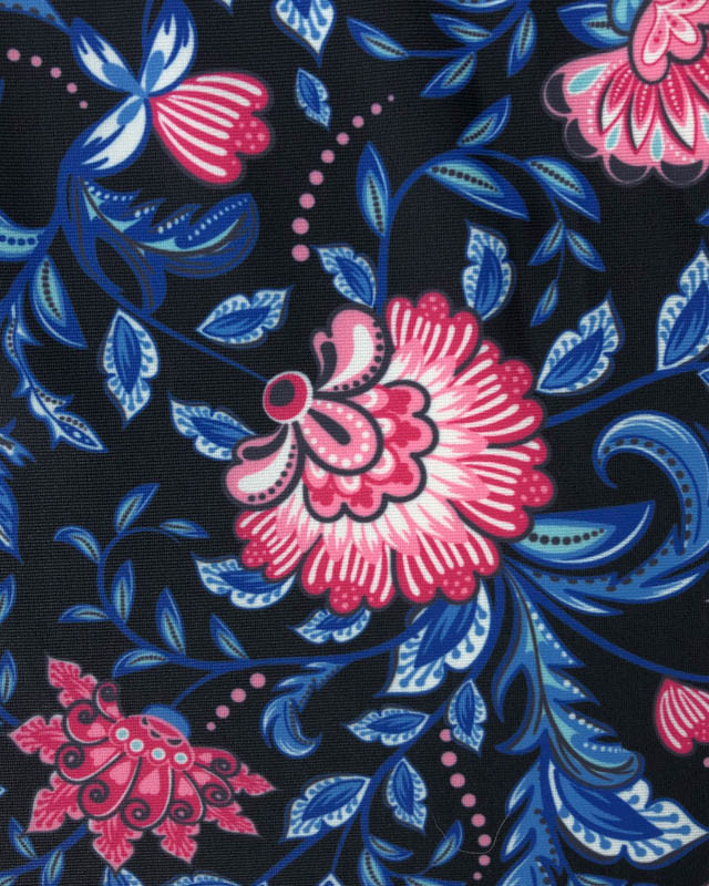 Tissu lycra maillot fleur arabesque Rose et Bleu Fond Noir - Mercerine