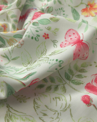 Tissu lycra maillot Papillons et Fleurs Fond Crème - Mercerine