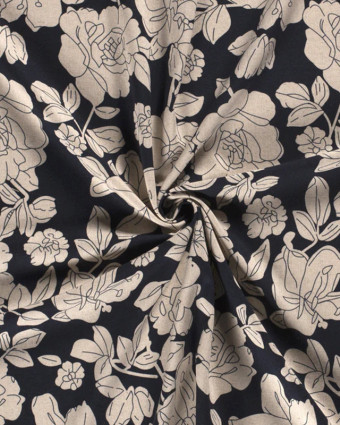 Lin Viscose Fleurs Larges Oeko-Tex Sur Fond Noir ou Marine Foncé - Mercerine