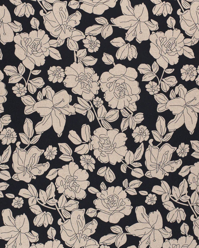 Lin Viscose Fleurs Larges Oeko-Tex Fond Noir/ Marine Foncé - Mercerine