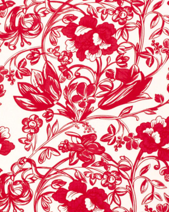 Tissu Popeline De Viscose Fleuri Rouge Fond Blanc   - Mercerine