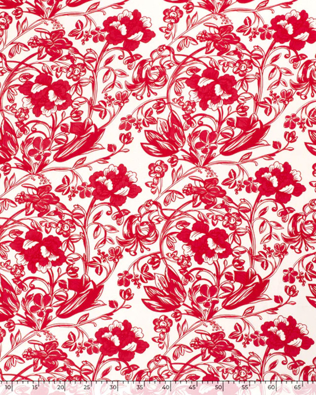 Tissu Popeline De Viscose Fleuri Rouge Fond Blanc   - Mercerine