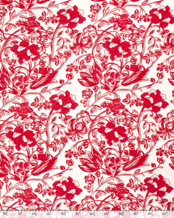 Tissu Popeline De Viscose Fleuri Rouge Fond Blanc   - Mercerine