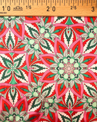 Tissu Soie Elasthanne Fleur Art déco Rouge, Rose et Bleu-Vert - Mercerine