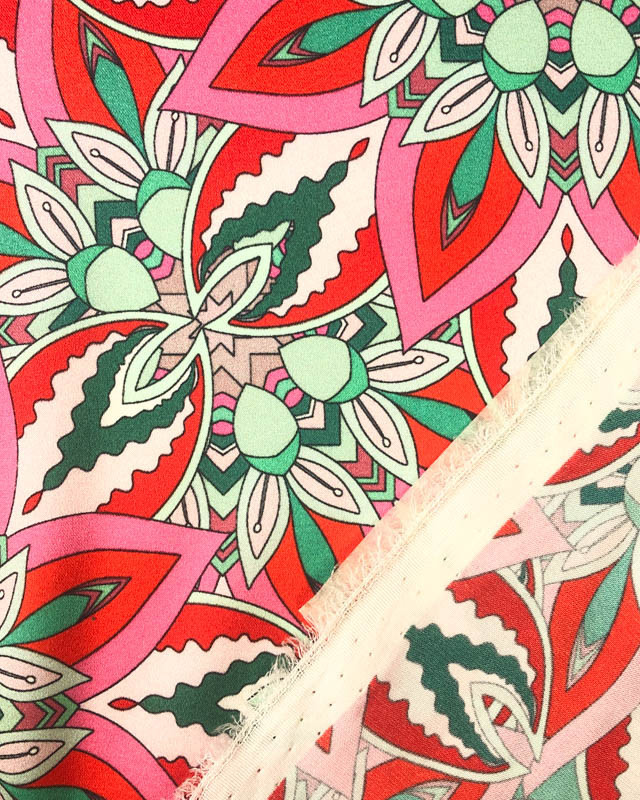 Tissu Soie Elasthanne Fleur Art déco Rouge, Rose et Bleu-Vert - Mercerine