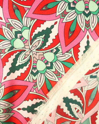 Tissu Soie Elasthanne Fleur Art déco Rouge, Rose et Bleu-Vert - Mercerine