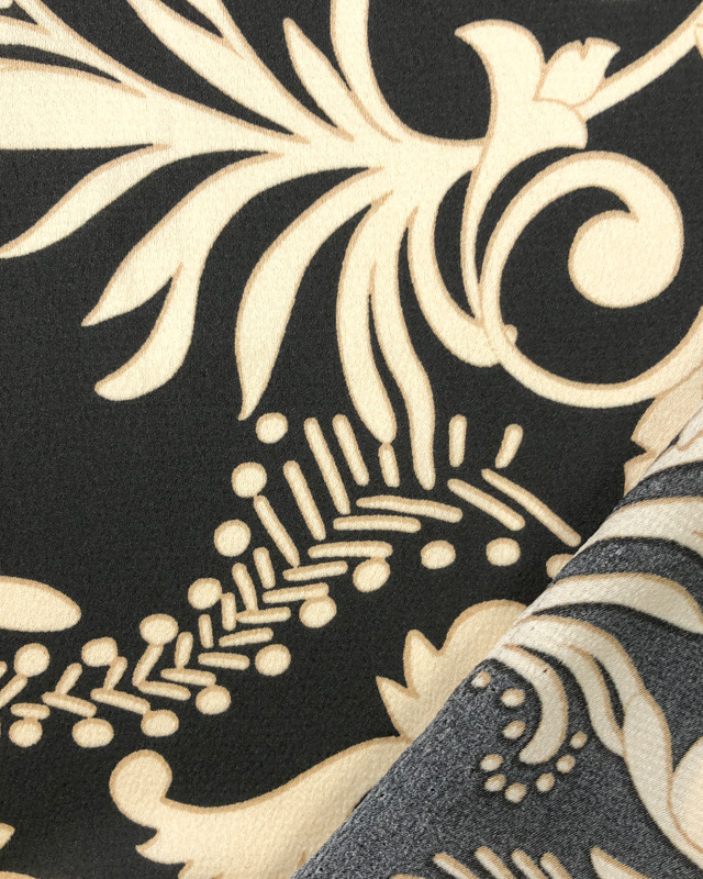 Tissu Crepe Bubble Satin Arabesque Fleuri Beige Fond Noir   - Mercerine