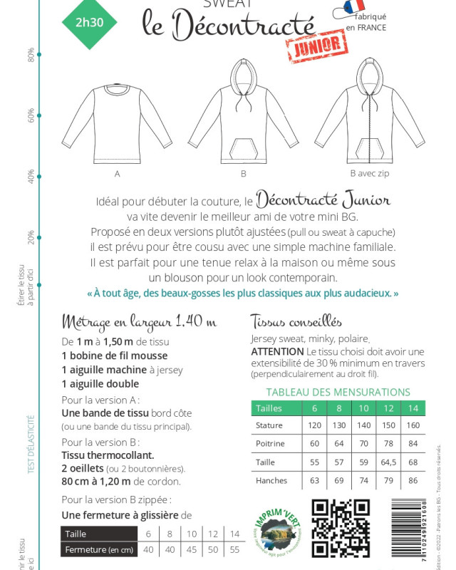 Patron sweat : Patron Les BG Sweat Junior - Mercerine