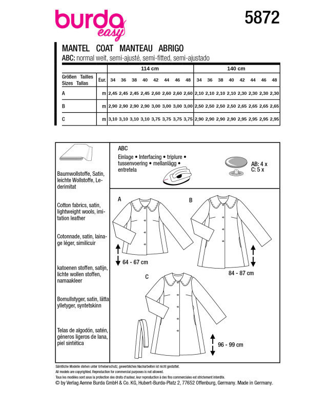 Patron Manteau Burda 5872 - Mercerine