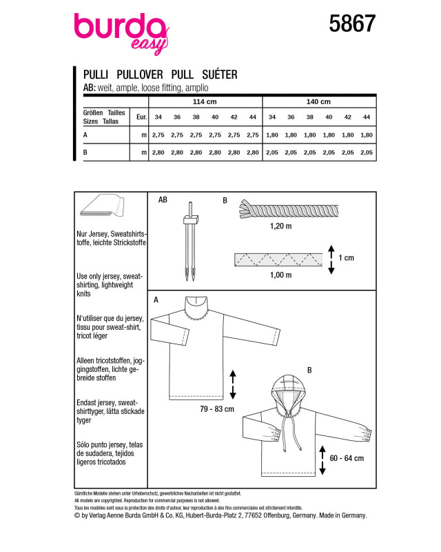   Patron de couture Pull Burda 5867 - Mercerine