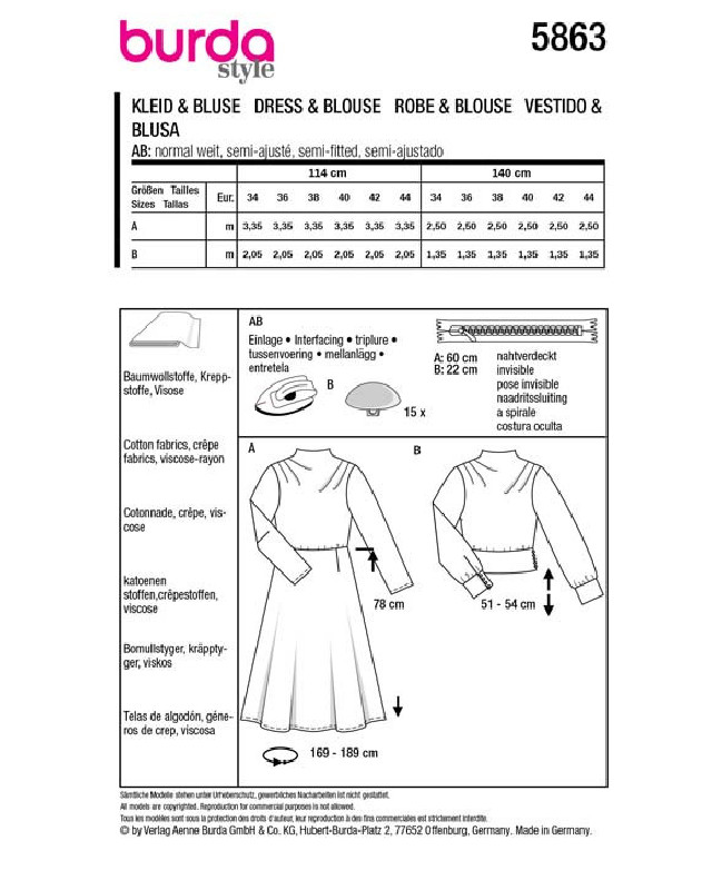 Patron Robe & blouse Burda 5863 - Mercerine