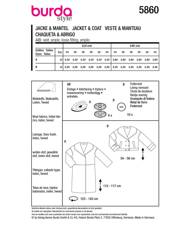 Patron Veste & manteau Burda 5860 - Mercerine