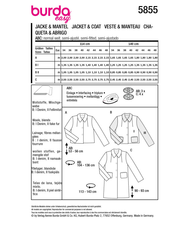 Patron Veste & manteau Burda 5855 - Mercerine