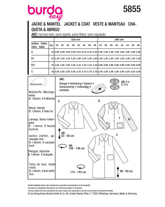 Patron Veste & manteau Burda 5855 - Mercerine