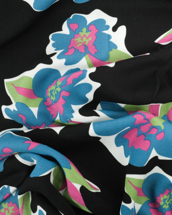 Viscose Twill Motif Fleur Fond Noir - Mercerine