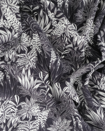 Tissu Viscose Sanforisé Noir et Blanc Feuillage Tropical - Mercerine