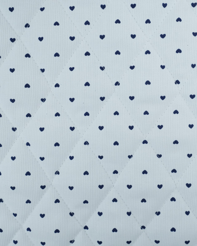 Tissu Piqué Matelassé Ancotex Blanc Motif Petit Cœur Bleu   - Mercerine