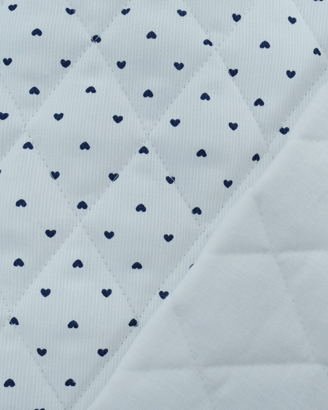 Tissu Piqué Matelassé Ancotex Blanc Motif Petit Cœur Bleu   - Mercerine