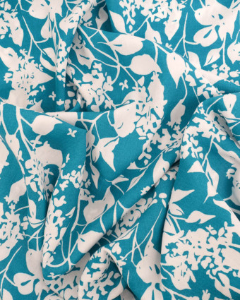 Viscose Bleu Imprimé Floral Blanc - Mercerine