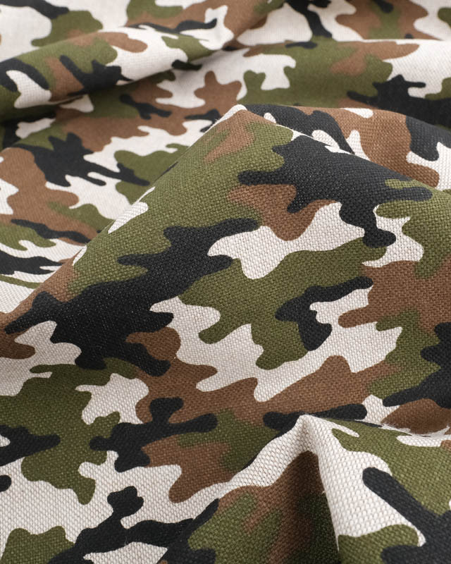 Tissus au mètre : Effet Lin Motif Camouflage Kaki Oeko-Tex- Mercerine