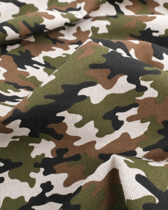 Tissus au mètre : Effet Lin Motif Camouflage Kaki Oeko-Tex- Mercerine