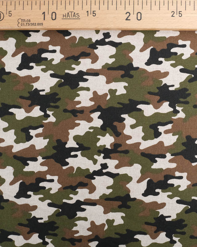 Tissus au mètre : Effet Lin Motif Camouflage Kaki Oeko-Tex- Mercerine