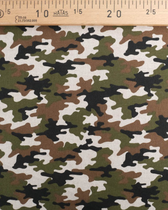 Tissus au mètre : Effet Lin Motif Camouflage Kaki Oeko-Tex- Mercerine