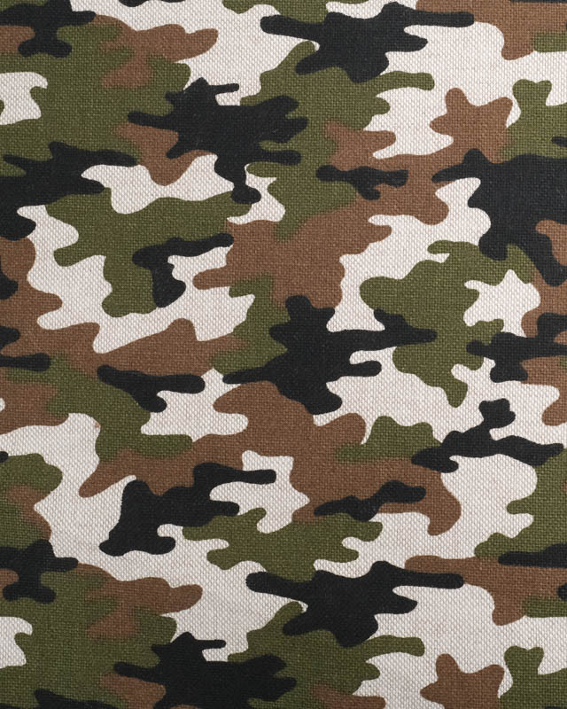 Tissus au mètre : Effet Lin Motif Camouflage Kaki Oeko-Tex- Mercerine